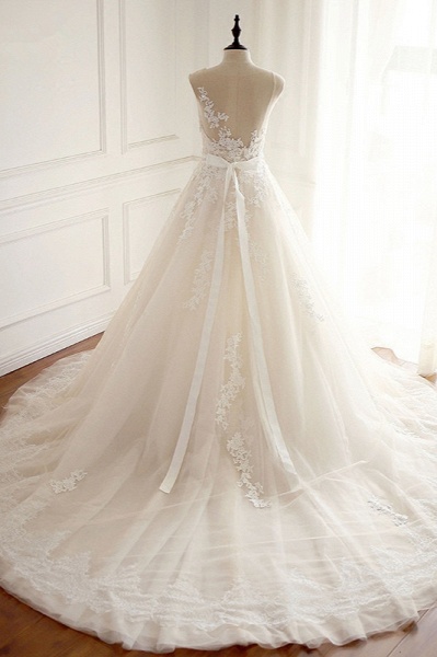Stylish Long A-line Jewel Tulle Wedding Dress With Appliques Lace_2