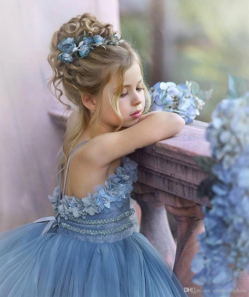 Cute Dusty Blue Long Strapless Princess Flower Girl Dresses_2