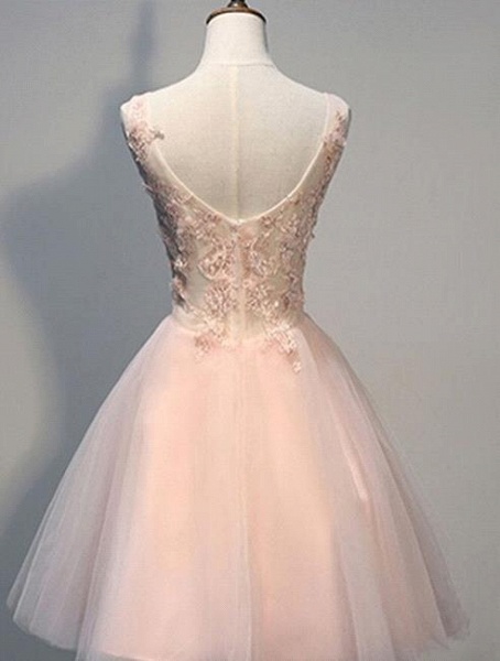 Short Pink A Line Tulle Prom Dresses With Lace Appliques_2