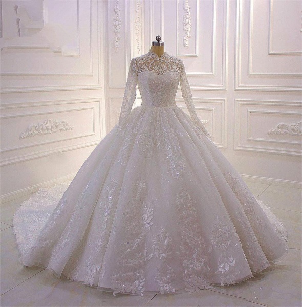 High-neck Long Sleeve Appliques Lace Ball Gown Ruffles Wedding Dress_2