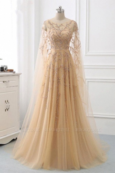 Romantic Bateau Long Sleeves Backless A-Line Tulle Beading Prom Dress_1