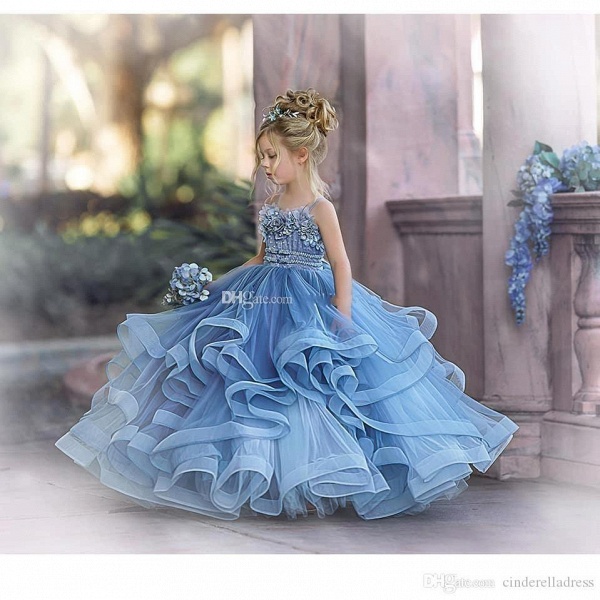 Cute Dusty Blue Long Strapless Princess Flower Girl Dresses_3