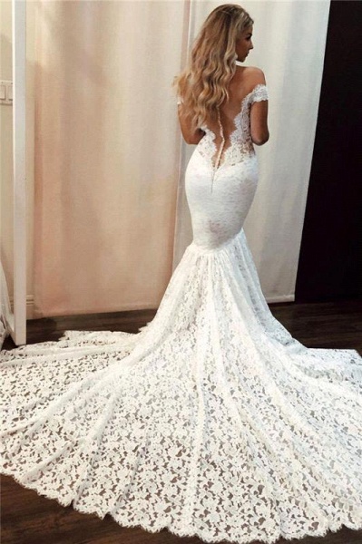Romantic Off the Shoulder Appliques Lace Floor-length Mermaid Wedding Dress_2