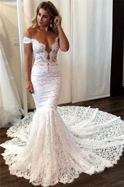 Romantic Off the Shoulder Appliques Lace Floor-length Mermaid Wedding Dress_1