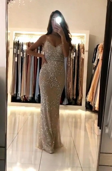 Shiny Spaghetti Straps V-neck Mermaid Sequins Floor-length Prom Dress_1