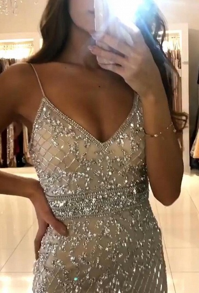 Shiny Spaghetti Straps V-neck Mermaid Sequins Floor-length Prom Dress_3