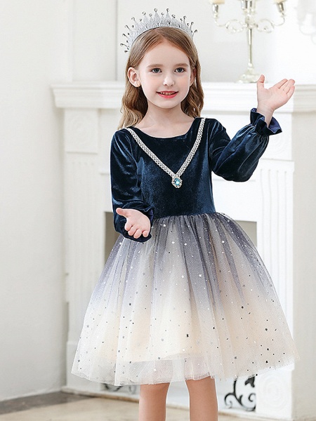 Princess / Ball Gown Knee Length Wedding / Party Flower Girl Dresses - Tulle / Velvet Long Sleeve Jewel Neck With Crystals / Paillette_1