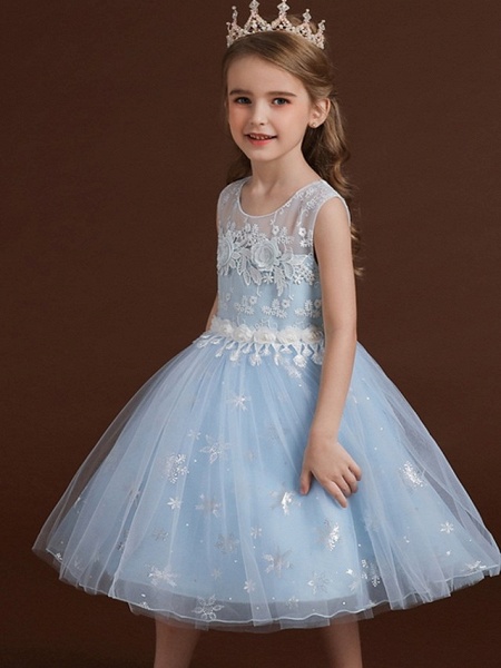 Princess / Ball Gown Knee Length Wedding / Party Flower Girl Dresses - Lace / Tulle Sleeveless Jewel Neck With Bow(S) / Appliques_7