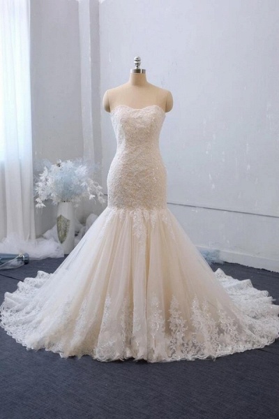 Classy Sweetheart Backless Appliques Lace Tulle Long Mermaid Wedding Dress_1