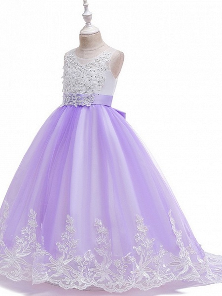 Princess Tulle Sleeveless Jewel Neck Wedding Party Flower Girl Dresses With Bow_6