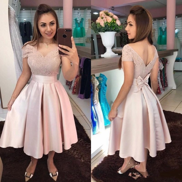 Beautiful A-Line V-neck Off-the-Shoulder Appliques Lace Tea-length Satin Prom Dress WIth Bowknot_2
