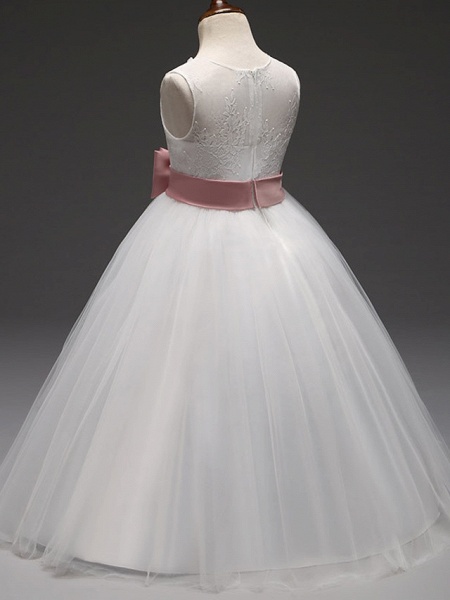 Princess Long Length Flower Girl Dress - Tulle / Mikado Sleeveless Jewel Neck With Bow(S) By Lan Ting Express_5