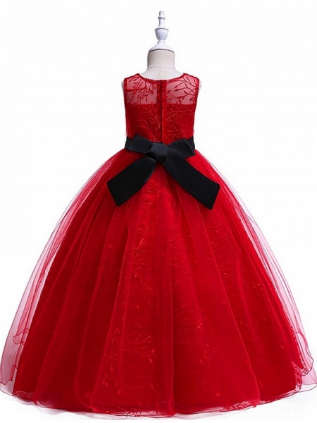 Princess Round Floor Length Cotton Junior Bridesmaid Dress With Bow(S) / Embroidery_6