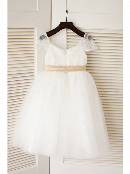 A-Line Tea Length Wedding / First Communion Flower Girl Dresses - Lace / Satin / Tulle Sleeveless Jewel Neck With Belt_2
