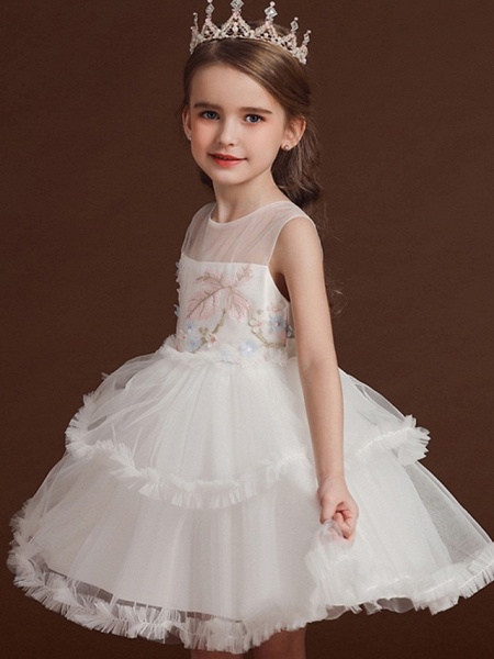 Princess / Ball Gown Knee Length Wedding / Party Flower Girl Dresses - Tulle Sleeveless Jewel Neck With Bow(S) / Tier / Embroidery_3