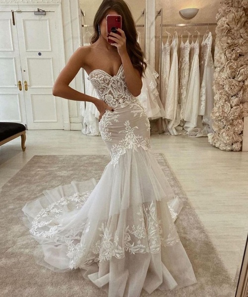 Charming Sweetheart Mermaid Appliques Lace Ruffles Tulle Wedding Dress_2