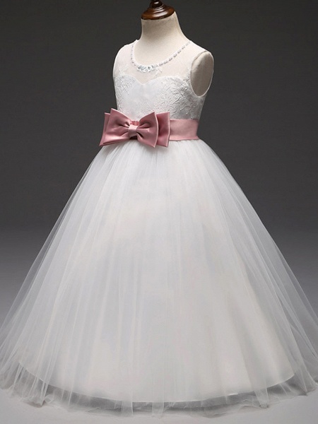 Princess Long Length Flower Girl Dress - Tulle / Mikado Sleeveless Jewel Neck With Bow(S) By Lan Ting Express_4