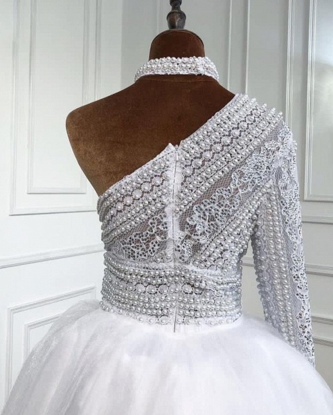 Elegant One Shoulder Long Sleeve Appliques Lace Pearl Floor-length Tulle A-line Prom Dress_3