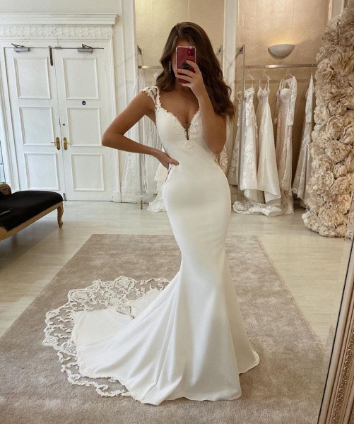 Deep V-neck Appliques Lace Satin Floor-length Mermaid Wedding Dress_3