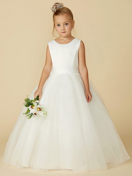 A-Line Floor Length Wedding / First Communion Flower Girl Dresses - Satin / Tulle Sleeveless Jewel Neck With Bow(S) / Buttons_1