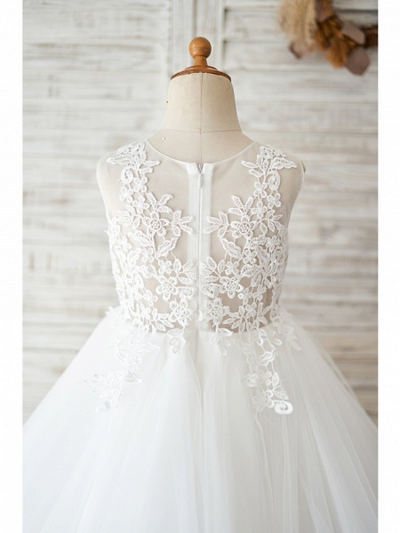 Ball Gown Knee Length Wedding / Birthday Flower Girl Dresses - Lace / Tulle Sleeveless Jewel Neck With Lace_4