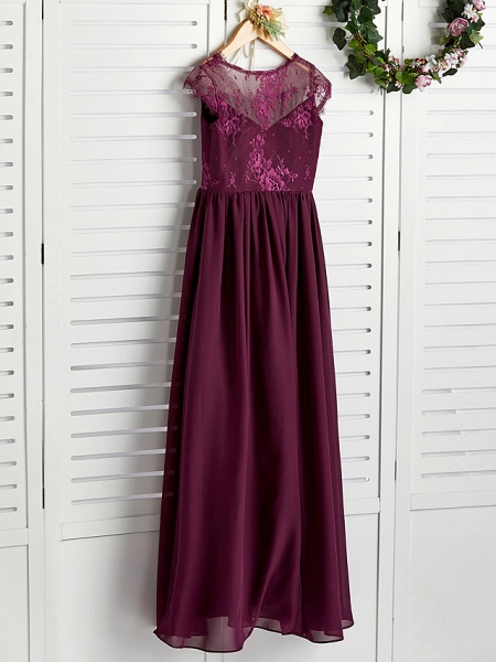 A-Line V Neck Maxi Chiffon / Lace Junior Bridesmaid Dress With Appliques_3