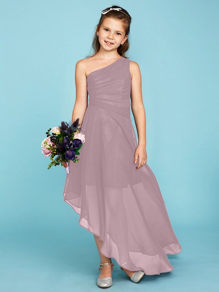 A-Line One Shoulder Asymmetrical Chiffon Junior Bridesmaid Dress With Side Draping / Wedding Party_28