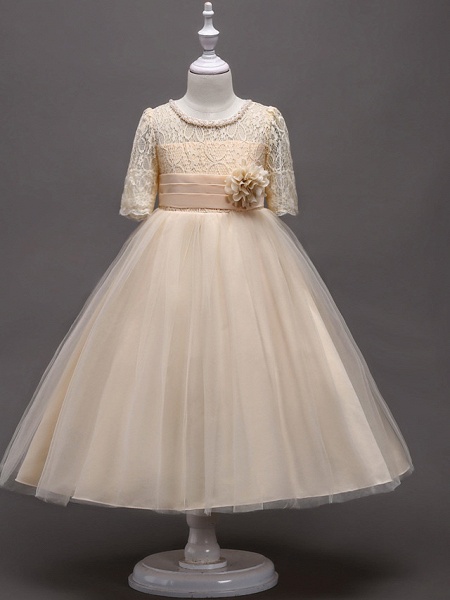 Princess Tea Length Wedding / First Communion Flower Girl Dresses - Lace / Satin / Tulle Half Sleeve Jewel Neck With Lace / Belt / Beading_4