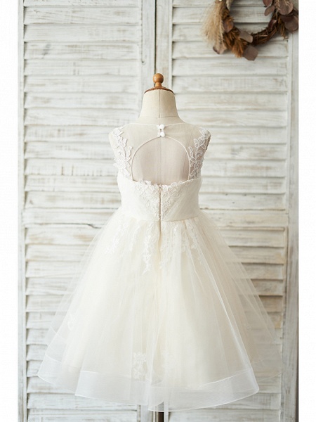 Ball Gown Knee Length Wedding / Birthday Flower Girl Dresses - Lace / Tulle Sleeveless Jewel Neck With Buttons / Appliques_2