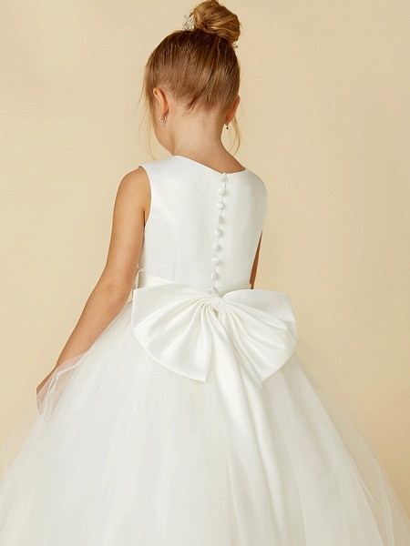 A-Line Floor Length Wedding / First Communion Flower Girl Dresses - Satin / Tulle Sleeveless Jewel Neck With Bow(S) / Buttons_10