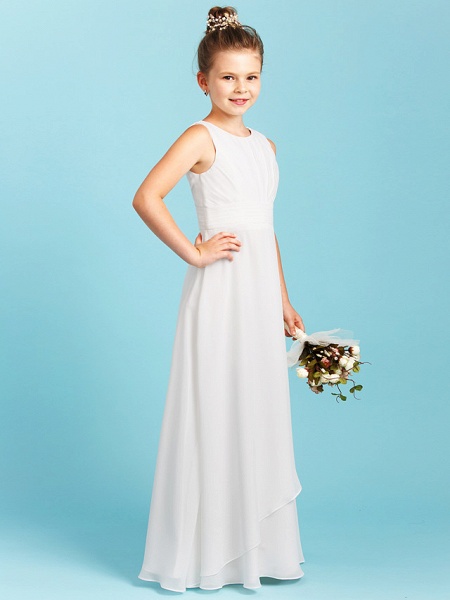 Sheath / Column Jewel Neck Floor Length Chiffon Junior Bridesmaid Dress With Pleats / Ruched / Wedding Party / Open Back_4