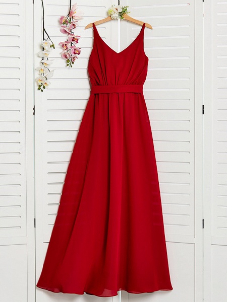 A-Line Spaghetti Strap Floor Length Chiffon Junior Bridesmaid Dress With Sash / Ribbon / Ruching_3