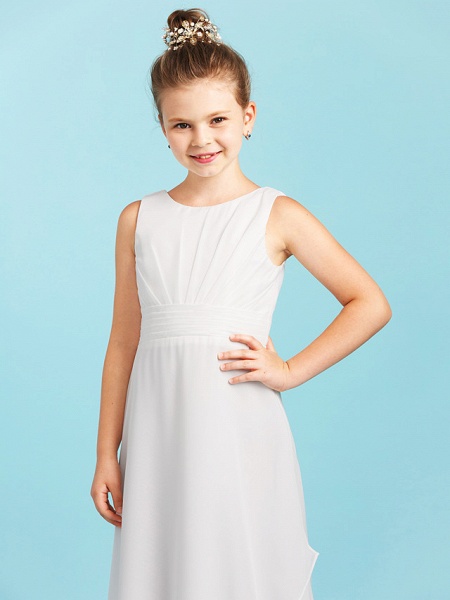 Sheath / Column Jewel Neck Floor Length Chiffon Junior Bridesmaid Dress With Pleats / Ruched / Wedding Party / Open Back_5