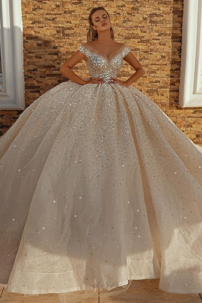 Long Ball Gown Off the Shoulder Crystal Sequins Wedding Dresses_1