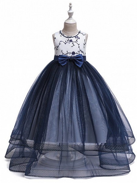 Princess Round Floor Length Cotton Junior Bridesmaid Dress With Bow(S) / Embroidery_4