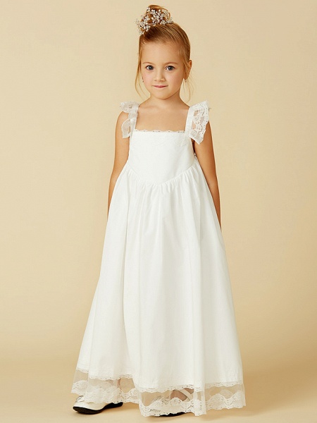 A-Line Ankle Length Wedding / First Communion Flower Girl Dresses - Lace / Cotton Sleeveless Straps With Pleats_1