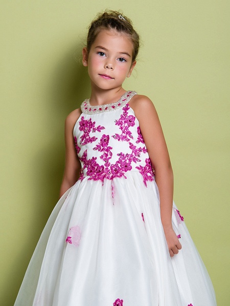 A-Line Floor Length Pageant Flower Girl Dresses - Organza Sleeveless Jewel Neck With Beading / Appliques_7