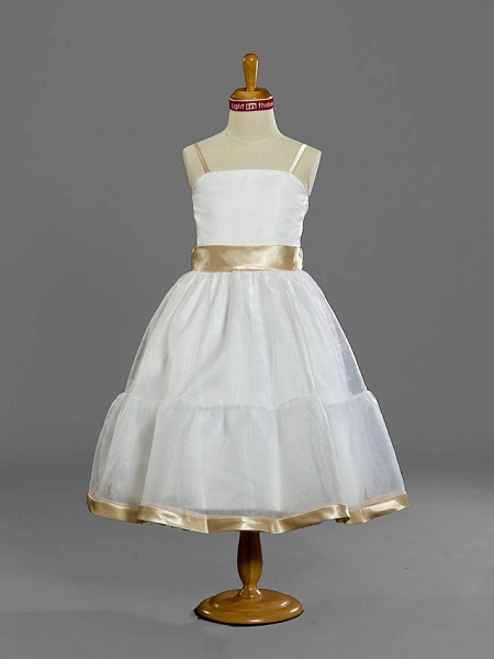 Princess / A-Line Spaghetti Strap Tea Length Organza Junior Bridesmaid Dress With Sash / Ribbon / Spring / Summer / Fall / Winter / Apple_1