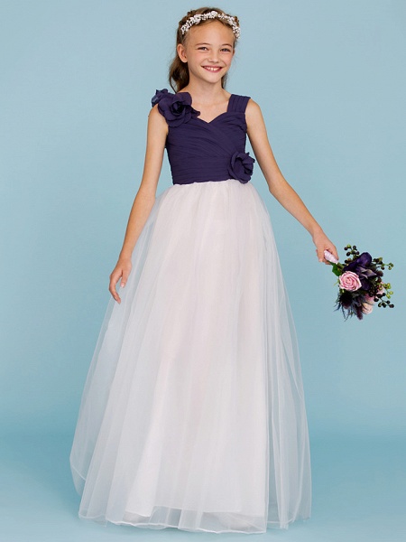 Princess / A-Line Straps Floor Length Chiffon / Tulle Junior Bridesmaid Dress With Criss Cross / Ruched / Flower / Color Block / Floral / Wedding Party_1