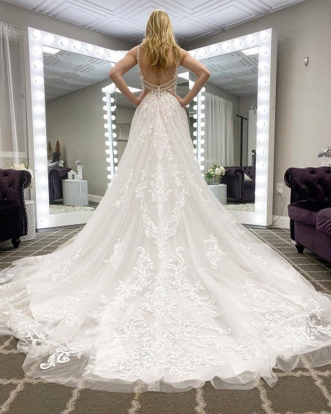 Elegant A-line Spaghetti Straps Deep V-neck Appliques Lace Tulle Train Wedding Dress_2