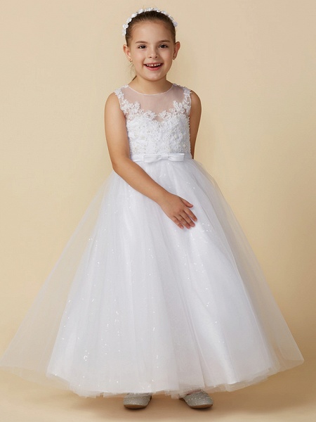 Princess Ankle Length Wedding / First Communion Lace / Tulle Sleeveless Boat Neck With Lace / Bow(S)_1
