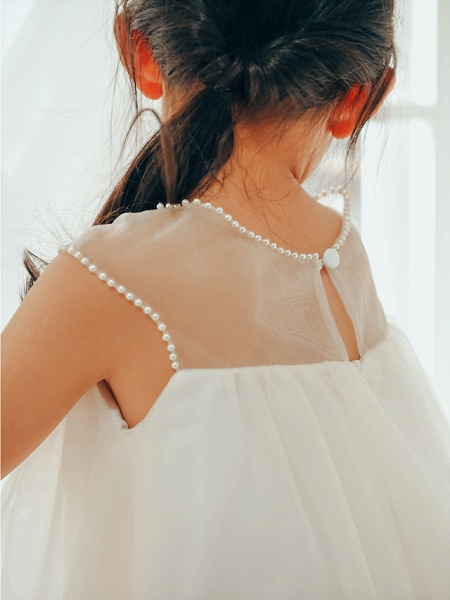 Princess / Ball Gown Knee Length Wedding / First Communion / Birthday Flower Girl Dresses - Tulle Sleeveless Jewel Neck With Buttons / Pearls / Appliques_4