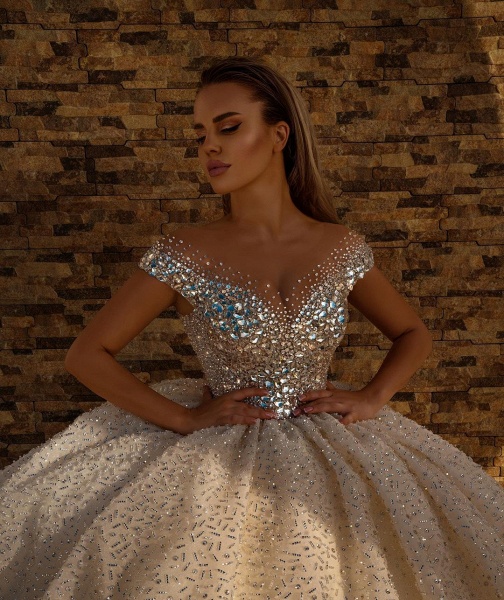 Long Ball Gown Off the Shoulder Crystal Sequins Wedding Dresses_3