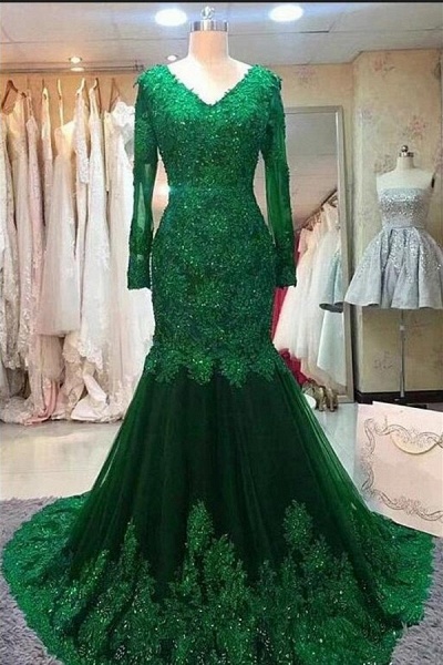 Gorgeous Long Sleeve V-neck Appliques Lace Beading Tulle Mermaid Prom Dress_1