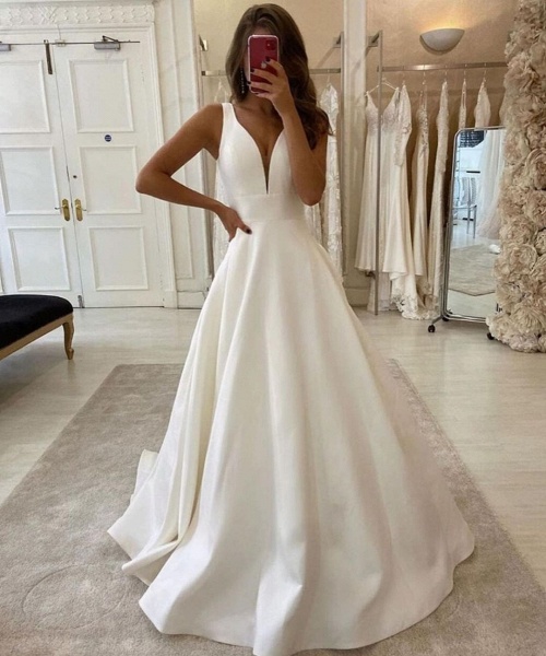 Elegant Wide Straps V-neck Ruffles Floor-length A-Line Satin Wedding Dress_2