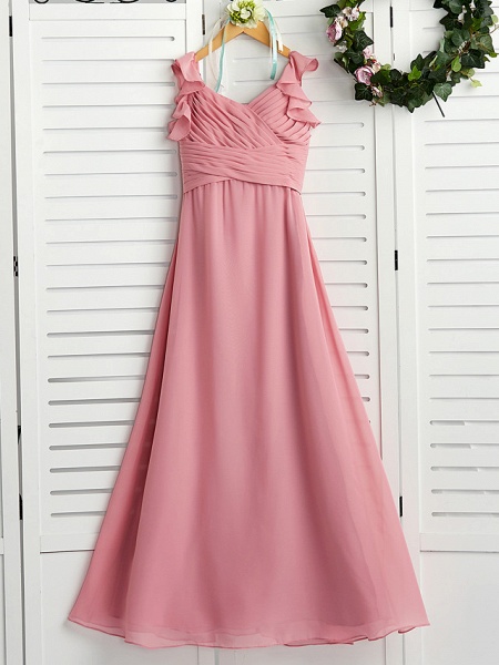 A-Line Boat Neck Maxi Chiffon Junior Bridesmaid Dress With Cascading Ruffles / Ruching_1