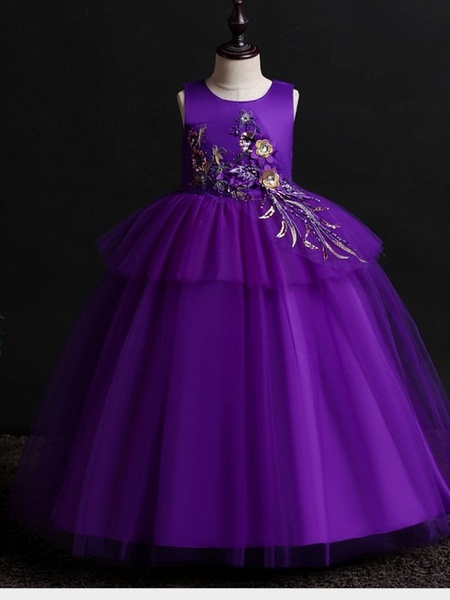 Princess / Ball Gown Floor Length Wedding / Party Flower Girl Dresses - Satin / Tulle Sleeveless Jewel Neck With Bow(S) / Appliques_3