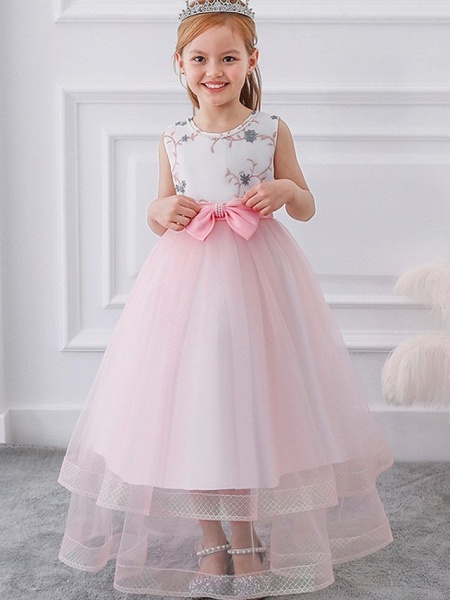 Princess / Ball Gown Floor Length Wedding / Party Flower Girl Dresses - Tulle Sleeveless Jewel Neck With Sash / Ribbon / Bow(S) / Appliques_1