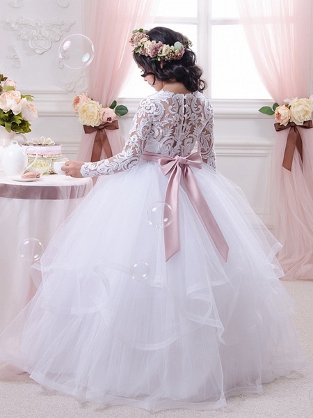 Ball Gown Cotton Long Sleeve Lace Tulle First Communion Flower Girl Dresses_2
