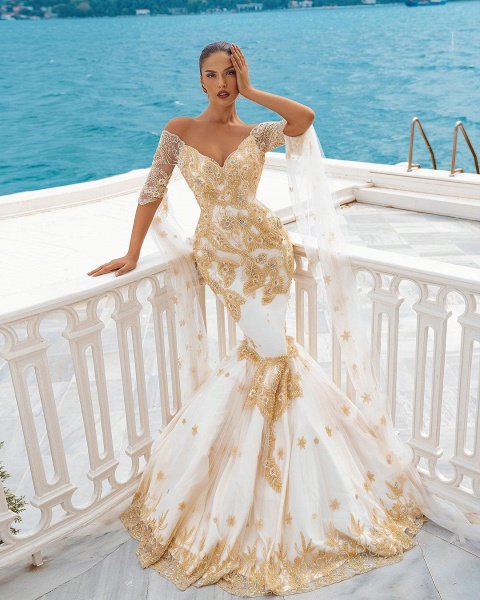 Long Mermaid Off the Shoulder Gold Appliques Lace Wedding Dress with Half Sleeve Cape_3